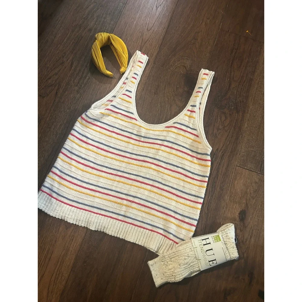 Madewell Striped Knit Tank Top Cream Red Blue Yellow XL bundle socks headband - Picture 1 of 5